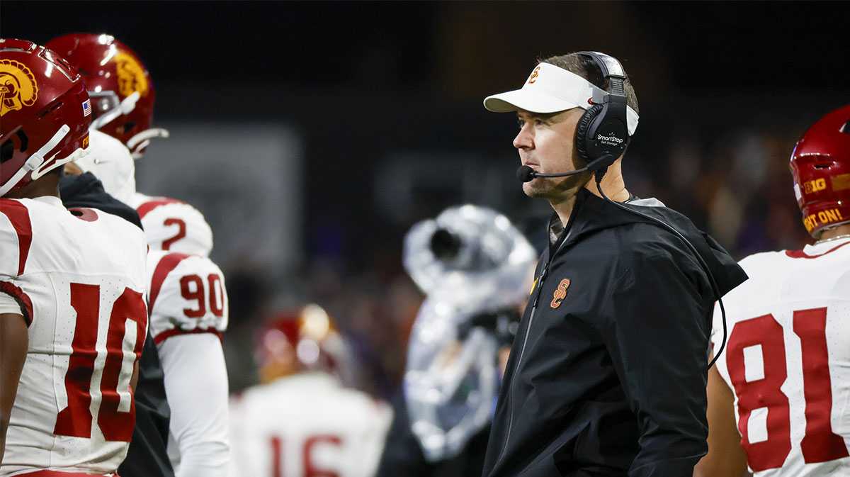 USC Trojans head coach Lincoln Riley stands on the sideline during the fourth quarter against the Washington Huskies at Alaska Airlines Field at Husky Stadium.