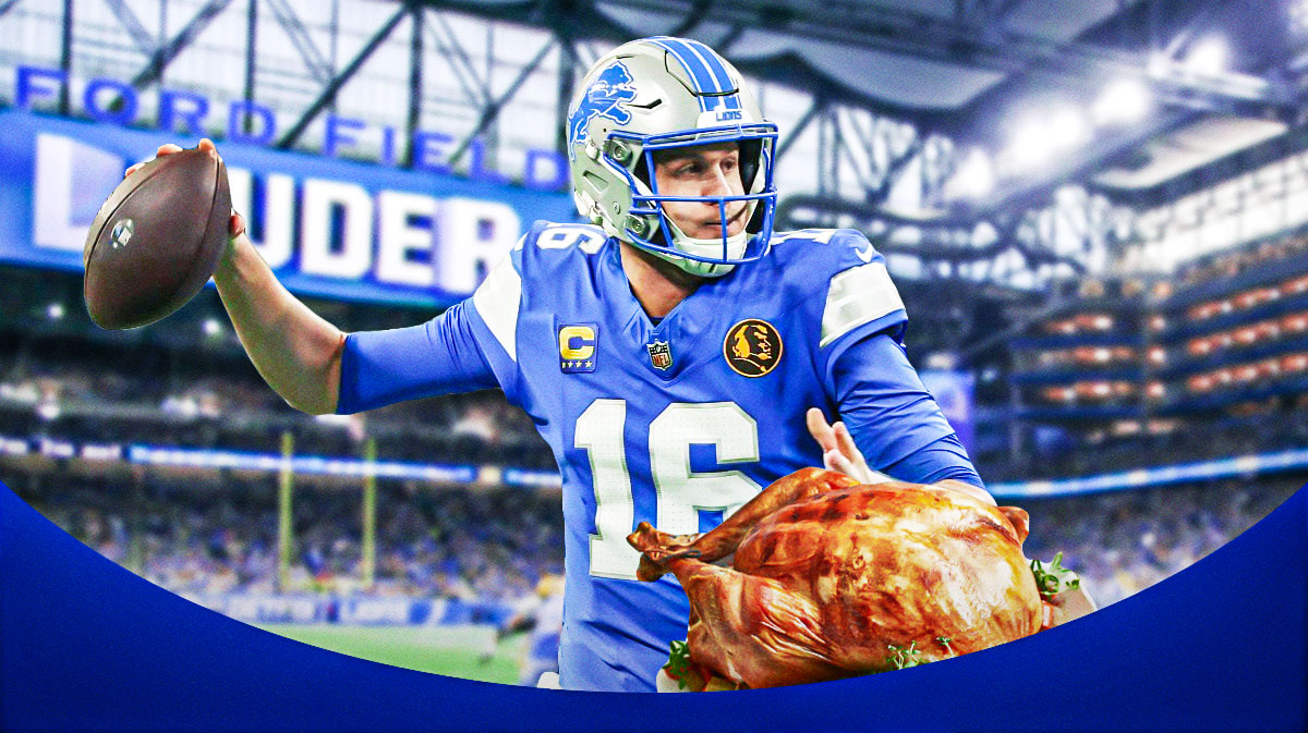 Photo: Jared Goff smiling in action in Lions jersey, have a turkey beside him