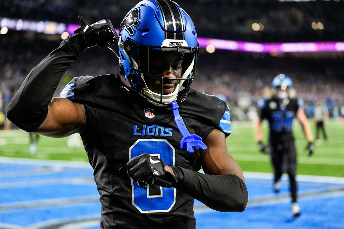 Detroit Lions cornerback Terrion Arnold (0) celebrates a play against Seattle Seahawks during the second half at Ford Field in Detroit on Monday, Sept. 30, 2024.