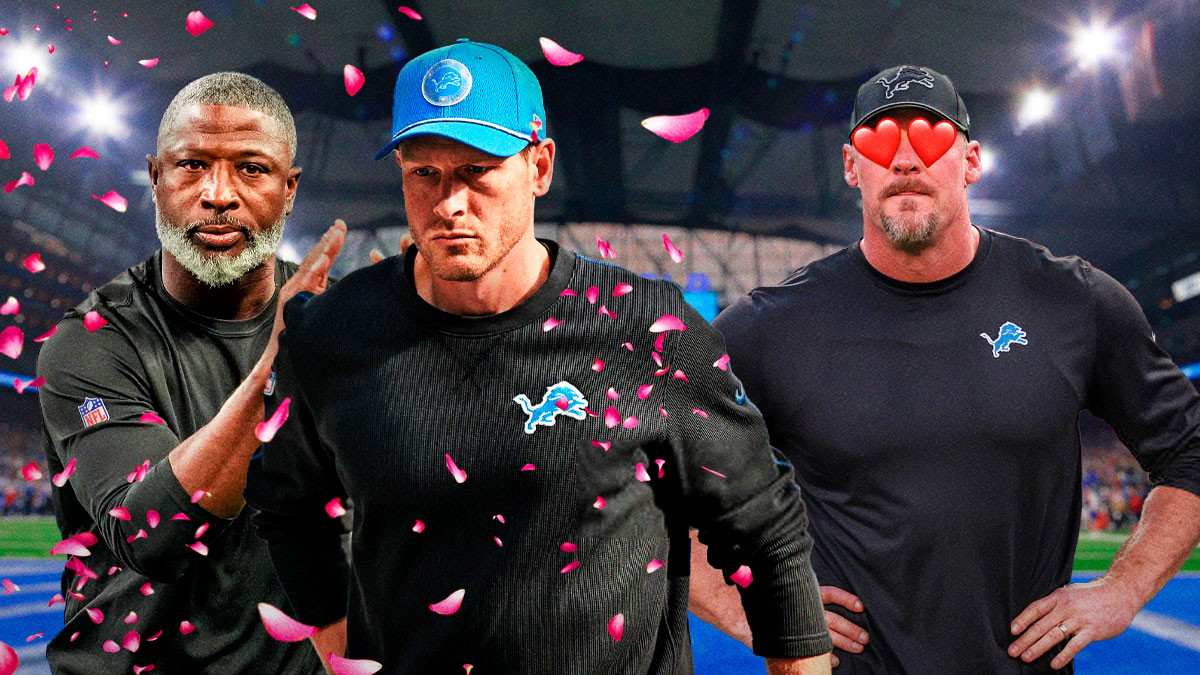 Dan Campbell with hearts in his eyes looking at Aaron Glenn and Ben Johnson with flowers raining down all over featuring a Lions-themed BG.