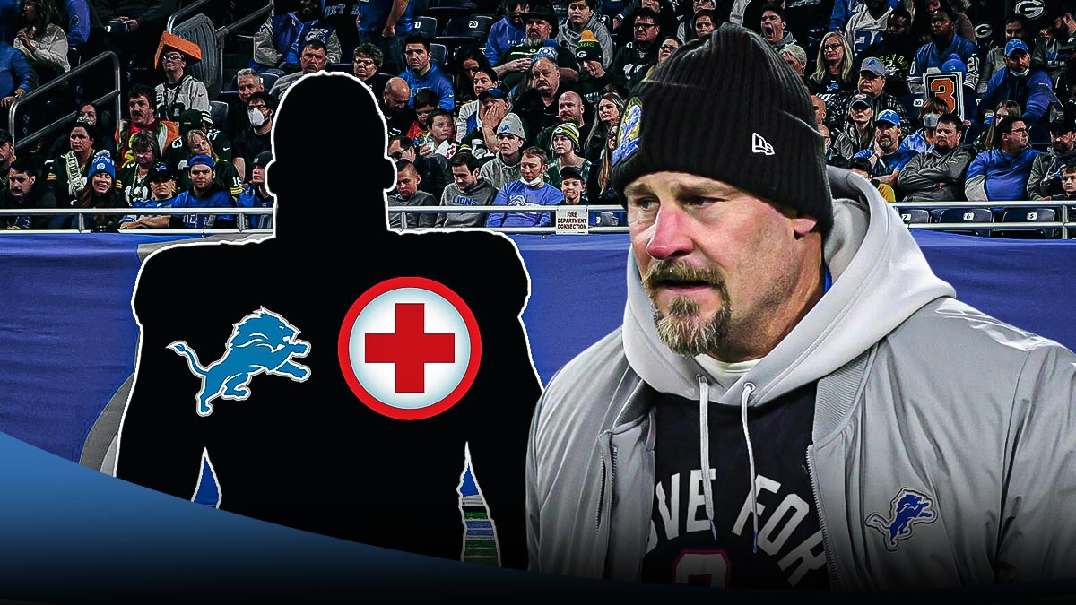 Lions' Dan Campbell next to blacked out silhouette NFL player with a medical kit and a Lions logo