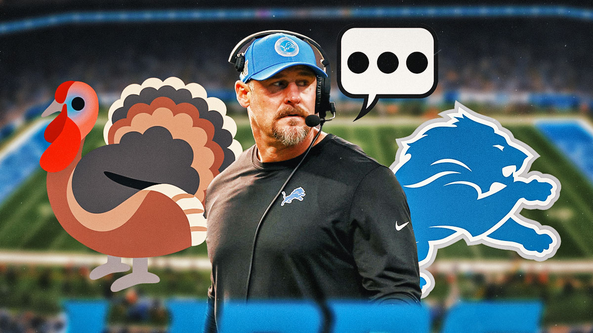 Detroit Lions head coach Dan Campbell with a speech bubble that has the three dots emoji inside. He is next to a turkey emoji (🦃). There is also a logo for the Detroit Lions.