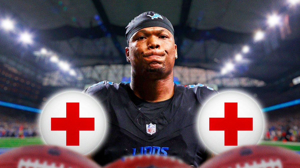 Lions' David Montgomery with medical Red Cross symbol