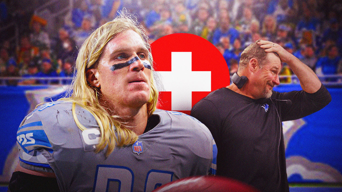 Cover Photo: Lions' Alex Anzalone on the left, disappointed Lions coach Dan Campbell on the right, red medical bag in the middle, inside Ford Field
