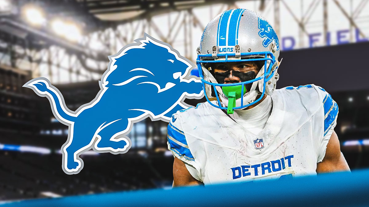 Kalif Raymond looking concerned next to a Lions logo