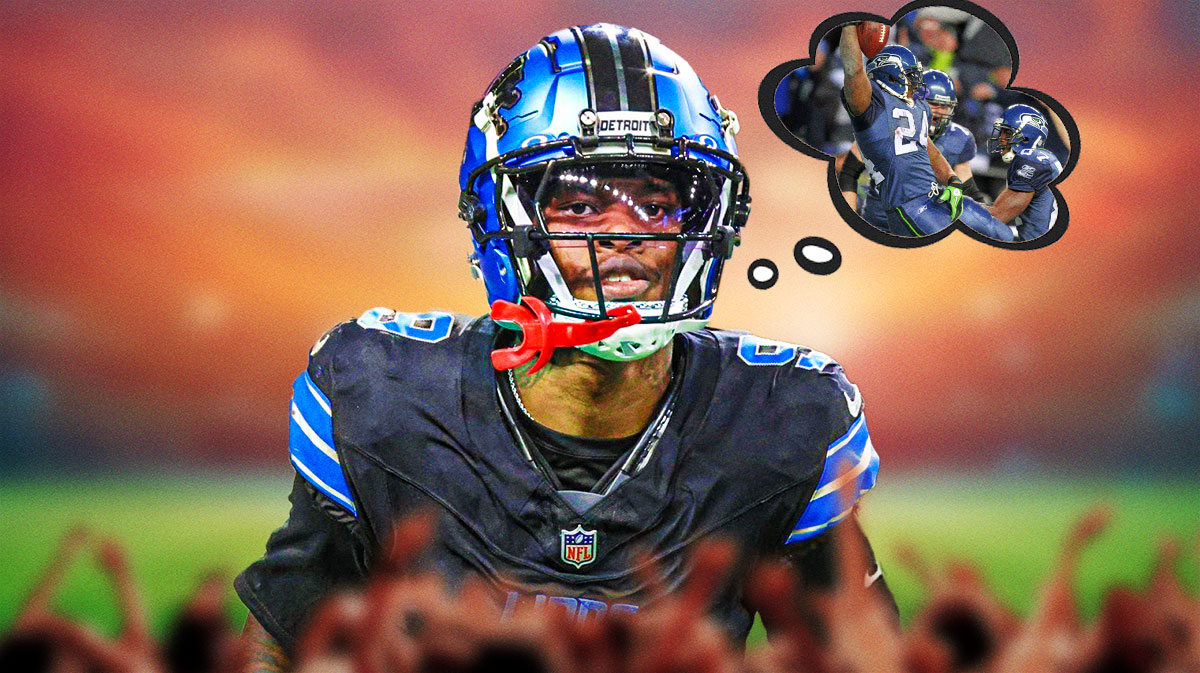 Detroit Lions WR Jameson Williams with a thought bubble of Marshawn Lynch doing his iconic "Beast Quake" touchdown celebration in the end zone