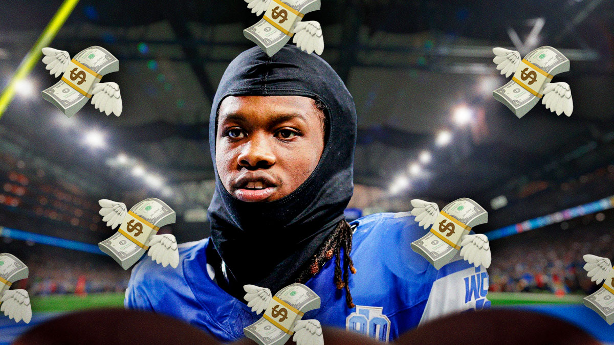 Lions' Jameson Williams with money flying away emojis all around him
