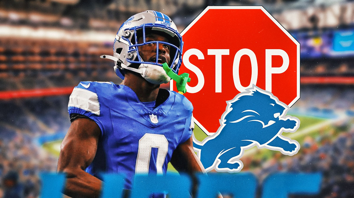 Lions' Terrion Arnold next to a big STOP sign and Lions logo