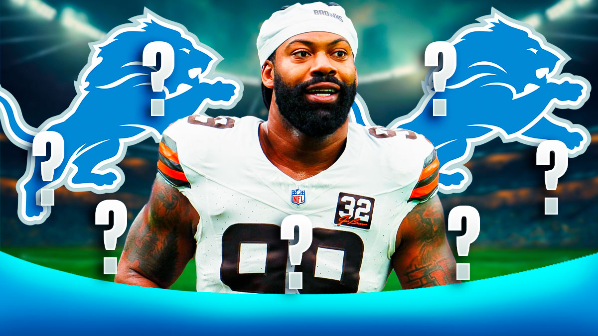 Detroit Lions defensive end Za'Darius Smith surrounded by question mark emojis. There is also a logo for the Detroit Lions.