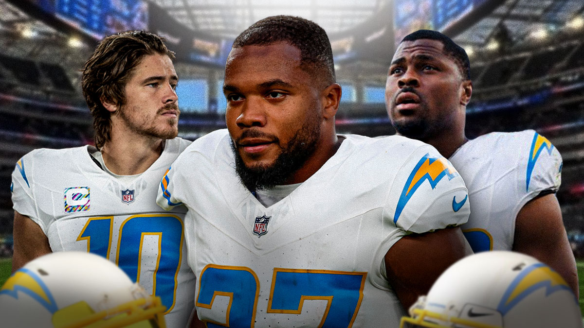 Justin Herbert in Los Angeles Chargers jersey, Khalil Mack in Chargers jersey, J.K. Dobbins in Chargers jersey