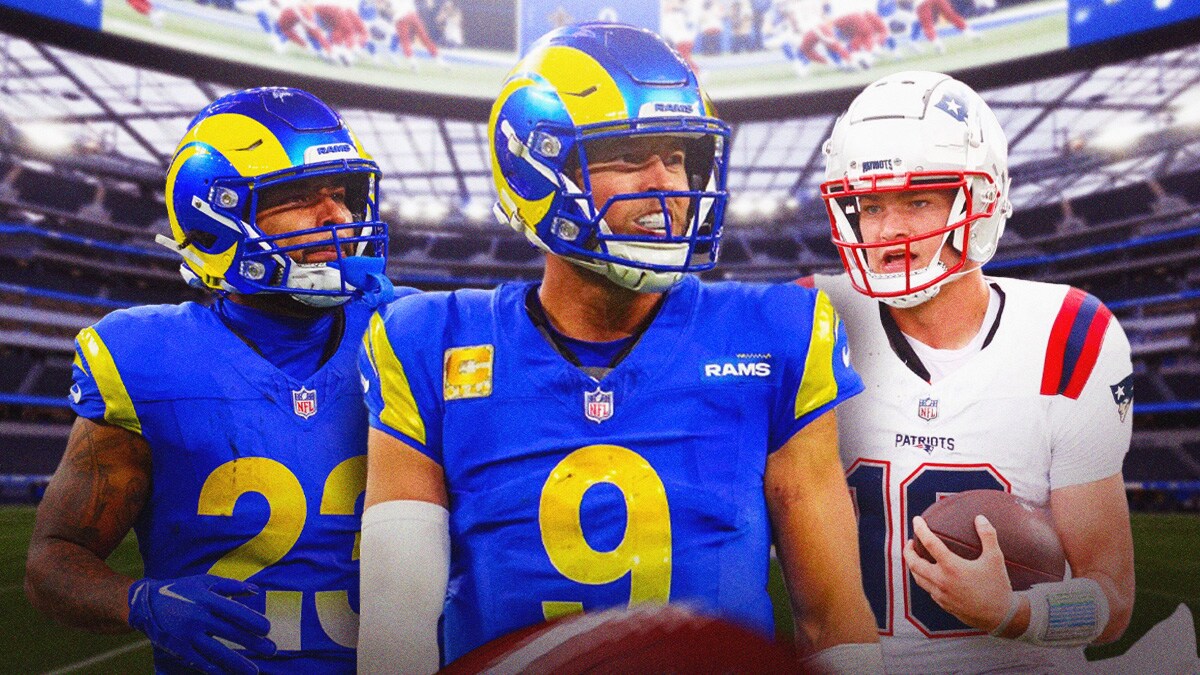 Matthew Stafford, Kyren Williams, and Drake Maye in front of the Rams stadium