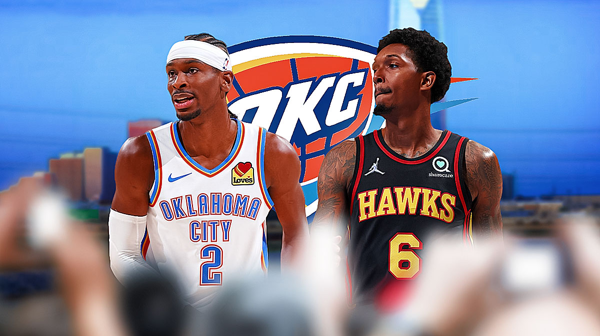Thunder All-Star guard Shai Gilgeous-Alexander next to Lou Williams with the Oklahoma City skyline and Thunder logo in the background