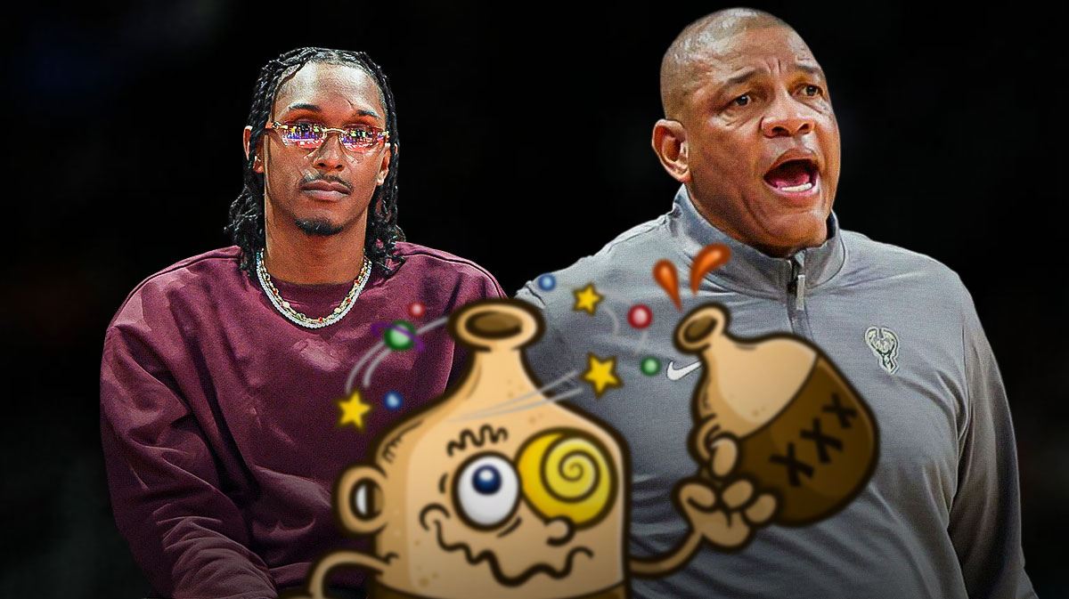 Lou Williams, Doc Rivers and a cartoon bottle of alcohol