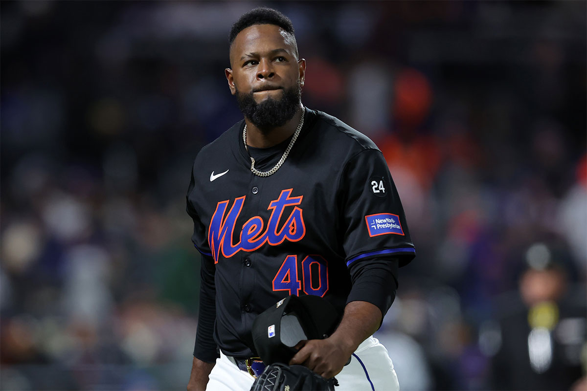 New York Mets pitcher Luis Severino (40) reacts after striking out a Los Angeles Dodgers batter in the fourth inning during game three of the NLCS for the 2024 MLB playoffs at Citi Field. 