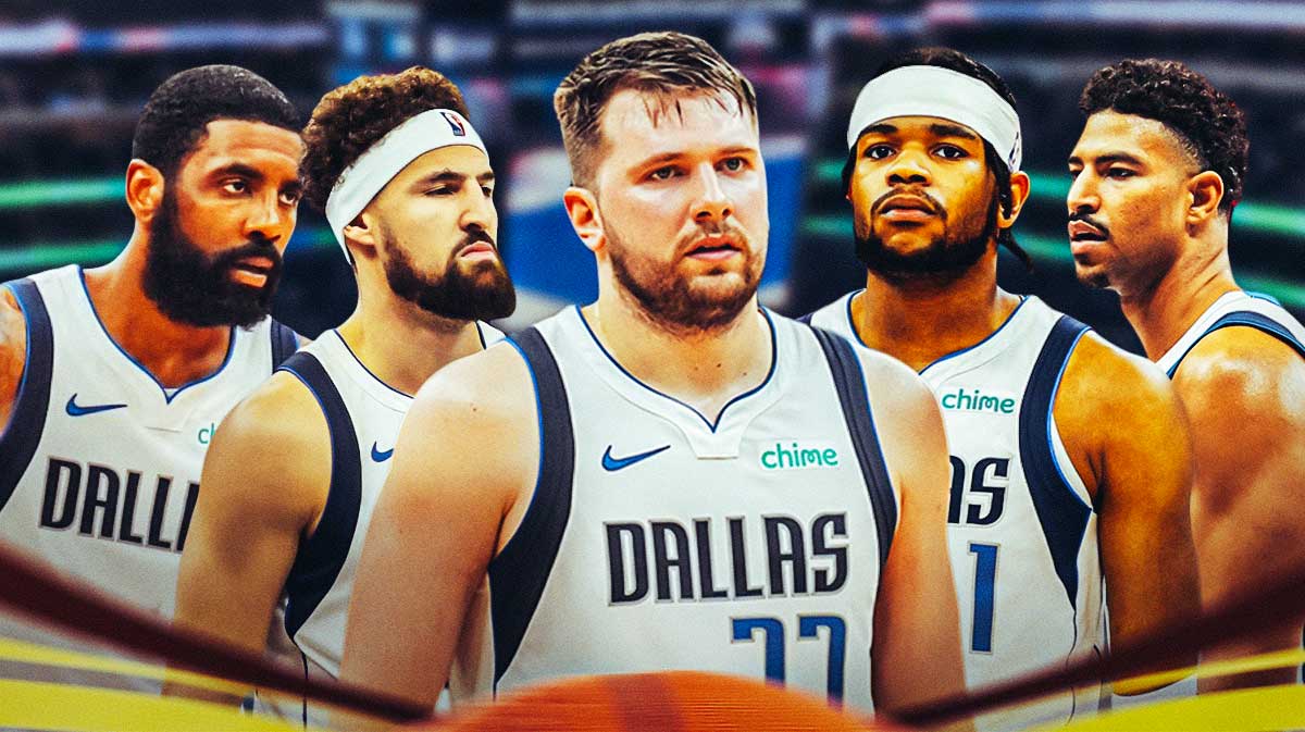 Mavericks Luka Doncic in front looking serious. Place the following players in background playing basketball in Mavericks jerseys: Kyrie Irving, Klay Thompson, Jaden Hardy and Quentin Grimes.