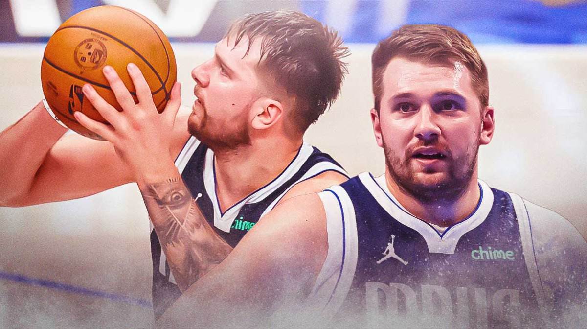 Mavericks Luka Doncic looking serious on left, Mavericks Luka Doncic shooting a basketball on right.