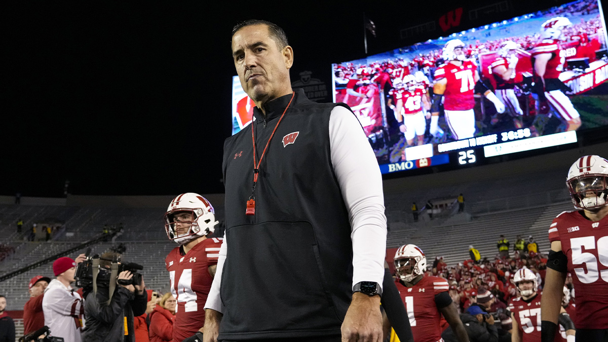  Wisconsin Badgers head coach Luke Fickell walks onto the field prior to the game against the Oregon Ducks at Camp Randall Stadium.