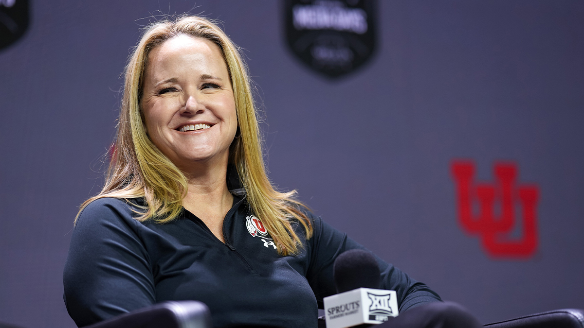 Utah Utes head coach Lynne Roberts talks to media during the Big 12 Women’s Basketball Media Day at T-Mobile Center.