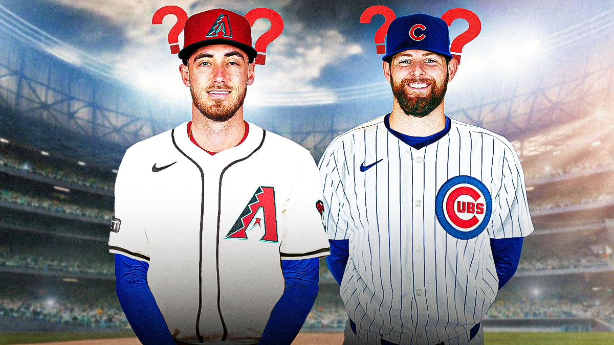 Cody Bellinger in a Diamondbacks uniform, Jordan Montgomery in a Cubs uniform, question marks above