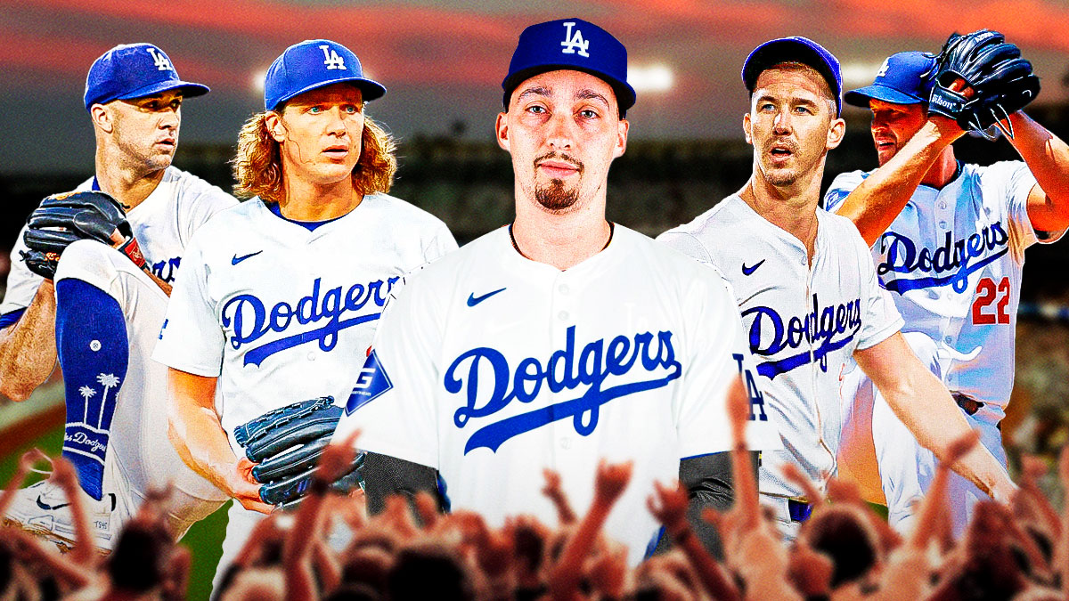 Blake Snell in a Dodgers jersey in front. In background, need Dodgers Tyler Glasnow, Dodgers Walker Buehler, Dodgers Jack Flaherty and Dodgers Clayton Kershaw all pitching baseballs.