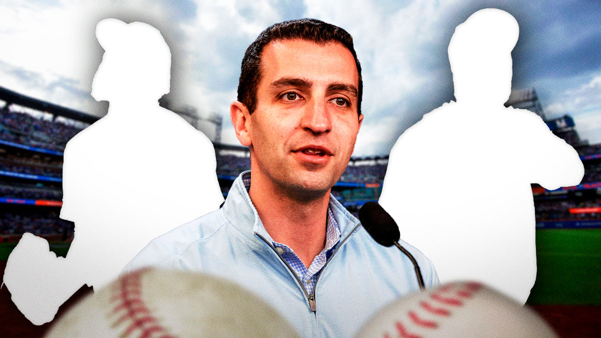 David Stearns front and center. Silhouette of Sean Manaea behind him to right. Silhouette of Luis Severino behind him to left.