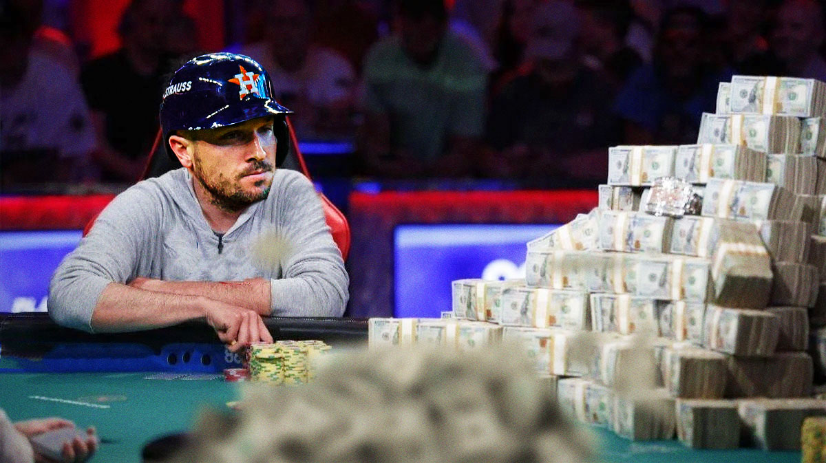 Alex Bregman as a poker player looking at a stack of cash