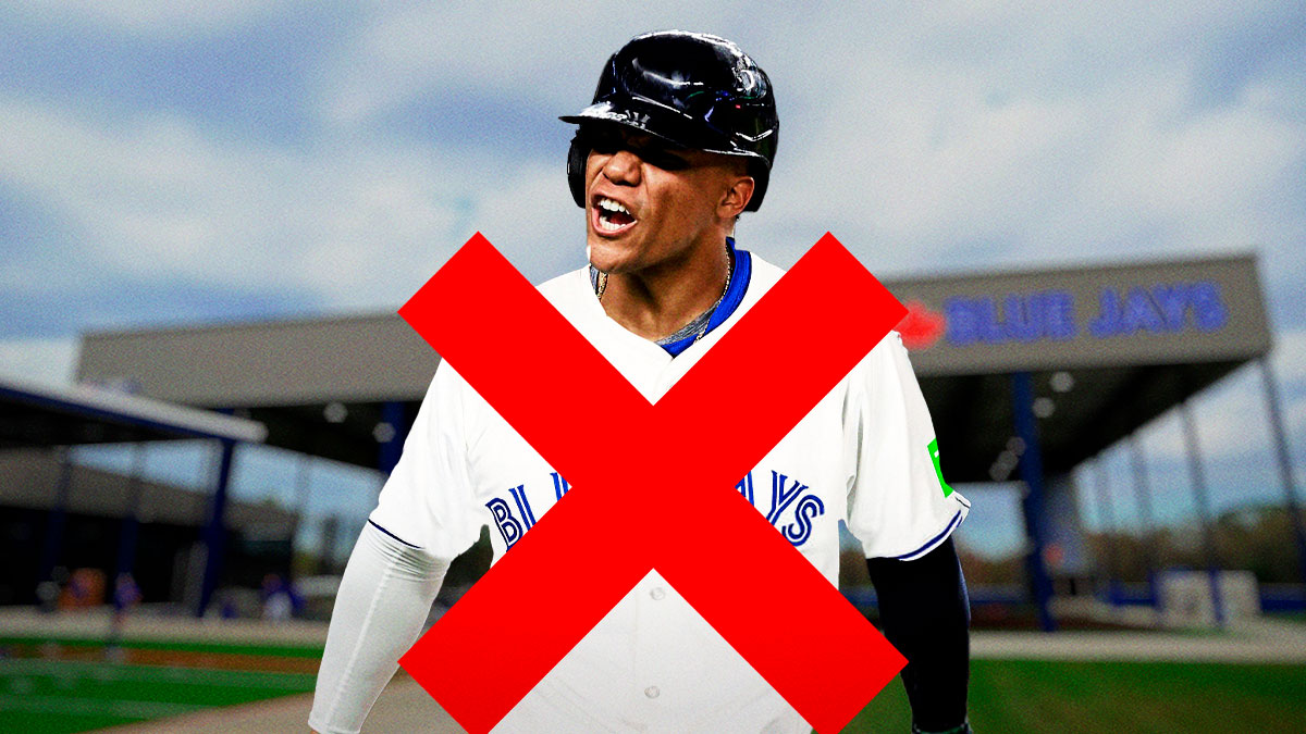 Juan Soto in a Blue Jays uniform with a cross mark over it