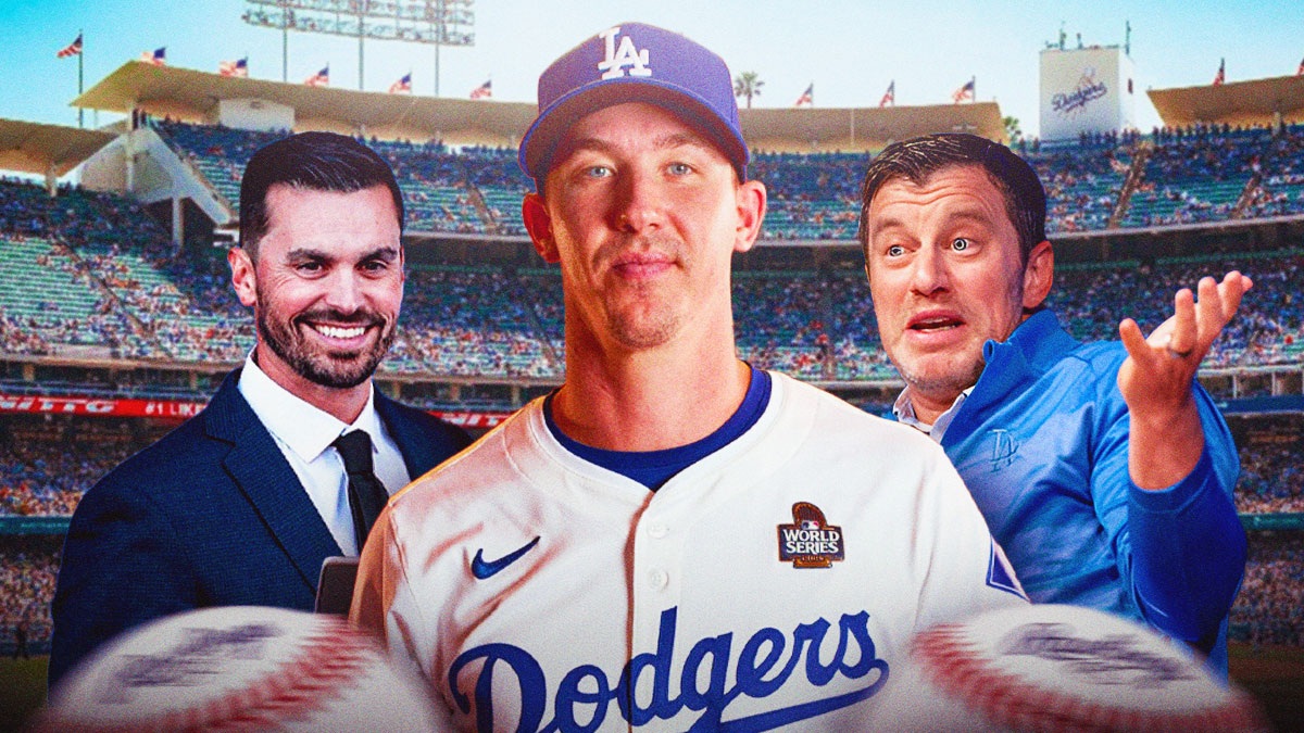 Los Angeles Dodgers starting pitcher Walker Buehler in center, Los Angeles Dodgers general manager Brandon Gomes on phone or talking on left, Los Angeles Dodgers president of baseball operations Andrew Friedman on phone or talking on right side, Dodger Stadium (home stadium of the Los Angeles Dodgers) in background