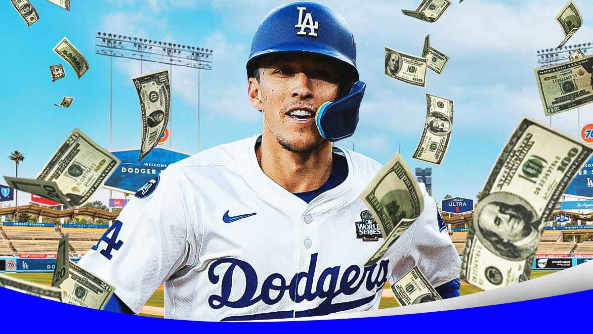 Dodgers' Tommy Edman smiling, with cash falling from the sky