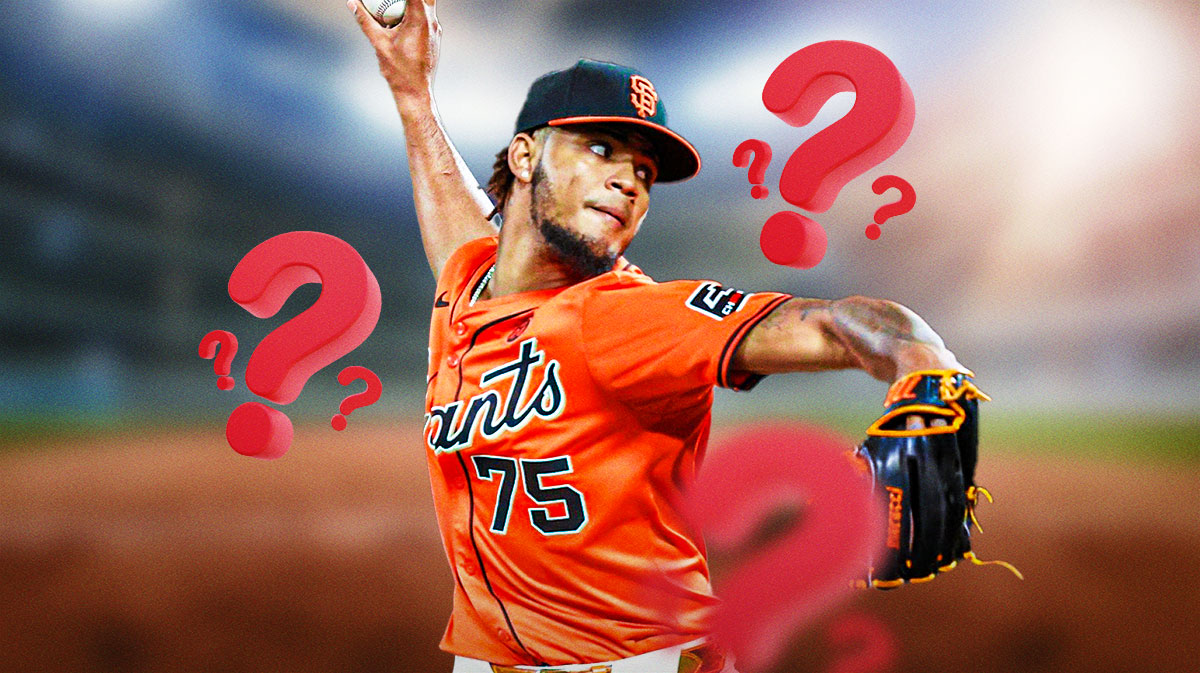 Giants Camilo Doval pitching a baseball with question marks everywhere.