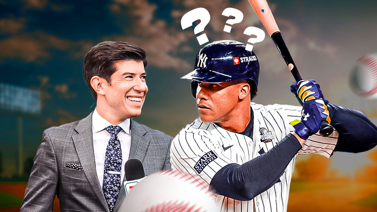 Photo: Jeff Passan smiling, Juan Soto in action in Yankees jersey, question marks above him