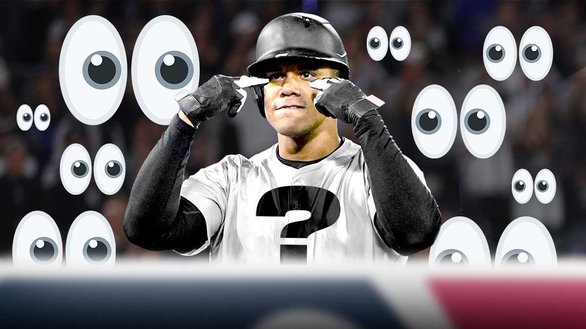 Juan Soto in a blank uniform with a question mark on it, a bunch of the big eyes emojis in the background. Juan Soto free agency rumors