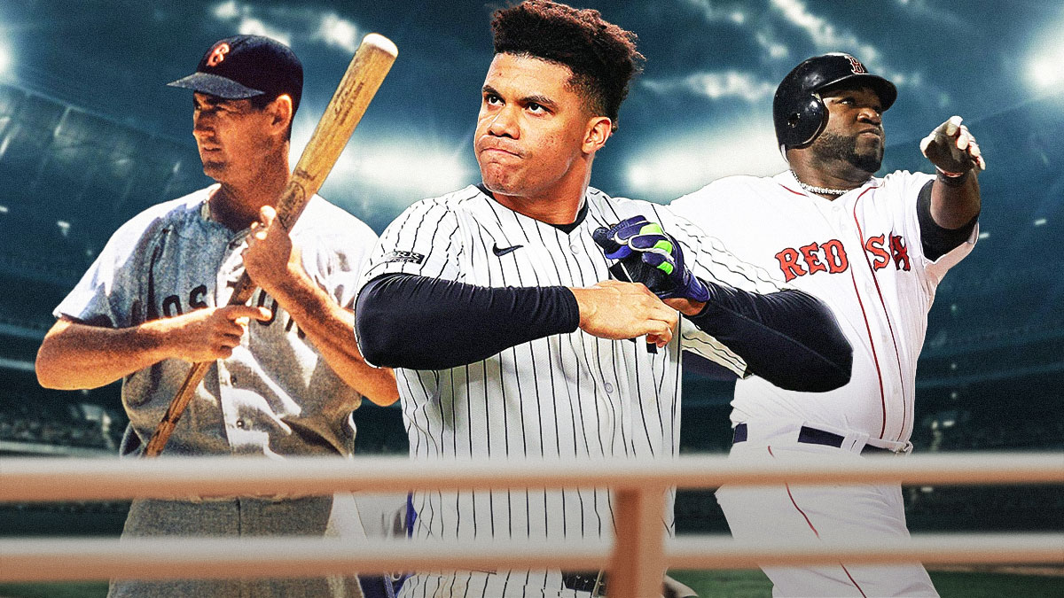 Juan Soto front and center. Ted Williams behind him to left. David Ortiz behind him to right.