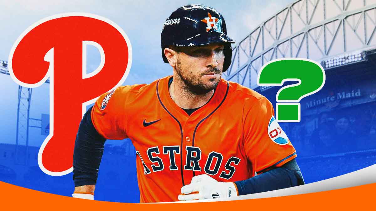 Alex Bregman in a Houston Astros uniform with the Philadelphia Phillies logo behind him and little green question marks as the phillies could pursue Bregman in free agency as part of a trade.