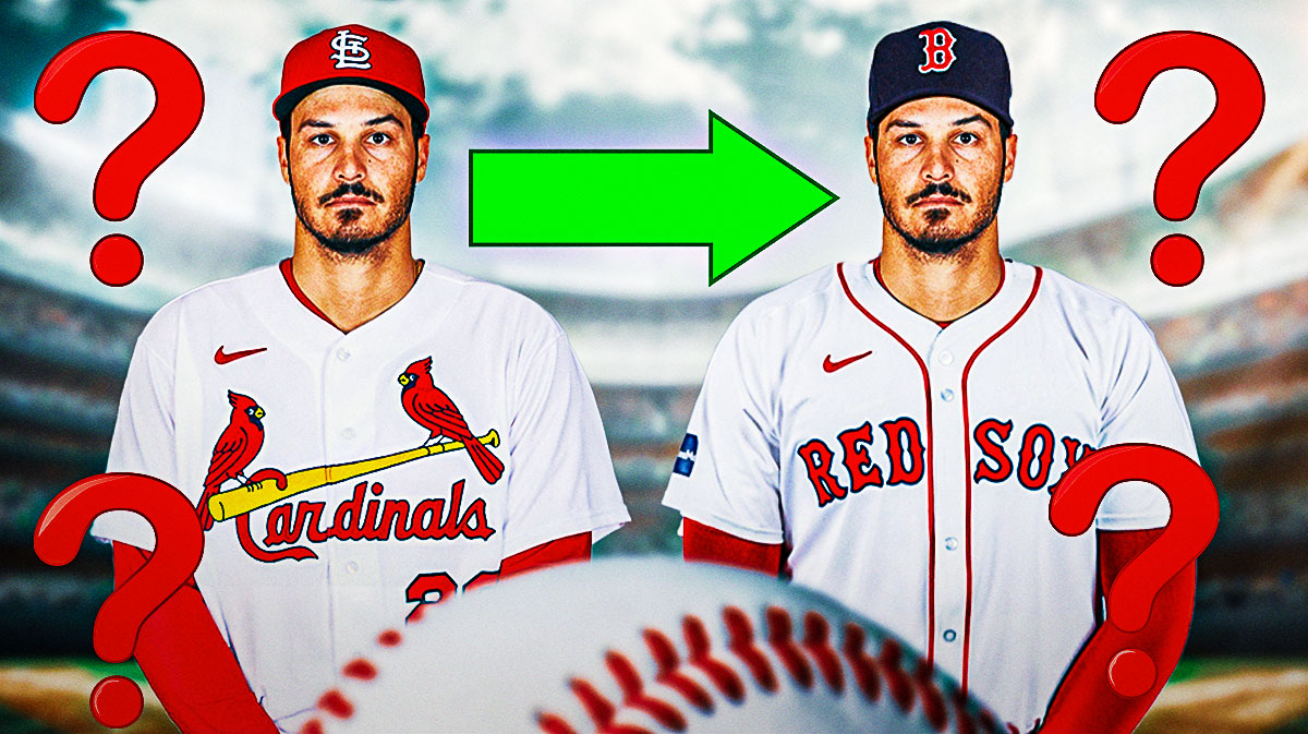 Nolan Arenado on one side in a St. Louis Cardinals uniform with an arrow pointing to Nolan Arenado on the other side in a Boston Red Sox uniform, a bunch of question marks in the background