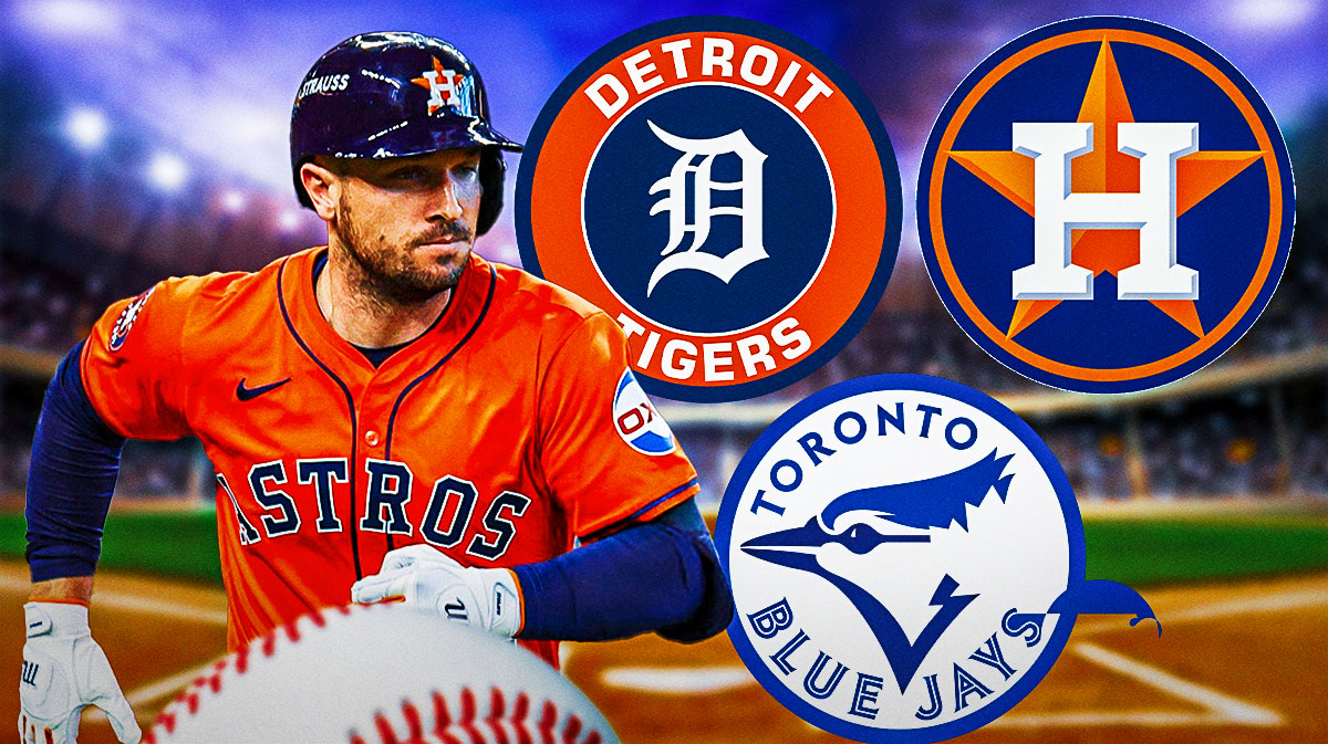 Astros' Alex Bregman next to Astros, Tigers and Blue Jays logos