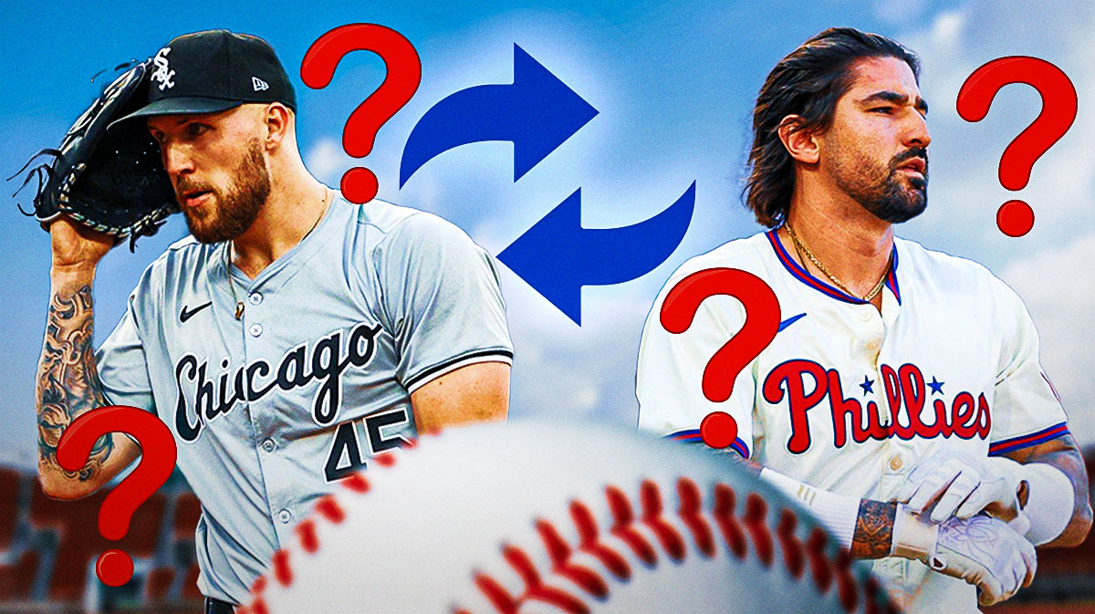 Phillies' Nick Castellanos and White Sox's Garrett Crochet with the swap symbol between them, question marks all over