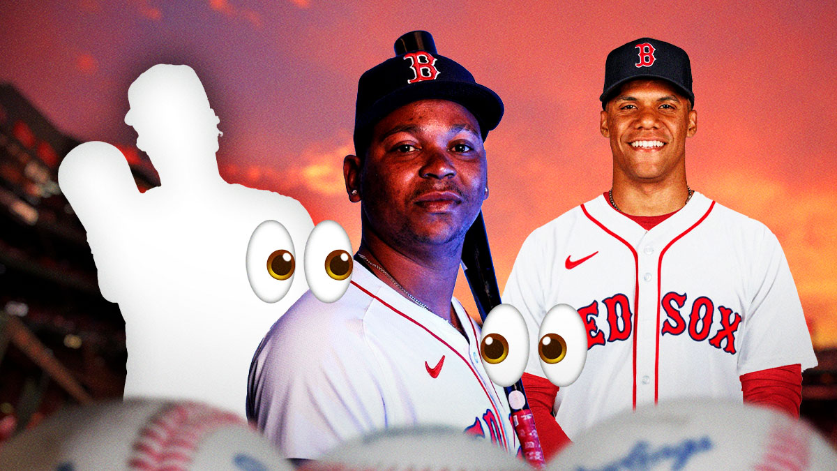 Rafael Devers with eyes emoji around him him, silhouette of Nolan Arenado in a Red Sox uniform as well as Juan Soto (not silhouette) in Red Sox uniform beside him