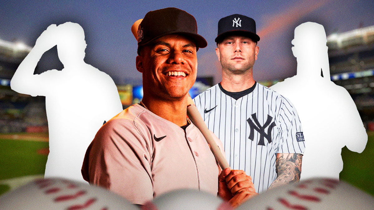 Juan Soto in a blank uniform, with silhouettes of Cody Bellinger, Corbin Burnes, and Christian Walker in Yankees uniforms beside Soto