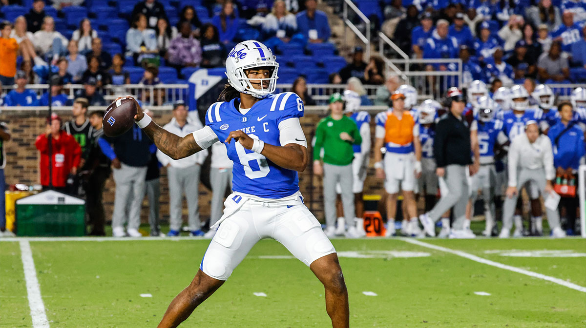 Duke Blue Devils quarterback Maalik Murphy (6) prepares to throw the football during the first half of the game against Southern Methodist Mustangs at Wallace Wade Stadium.