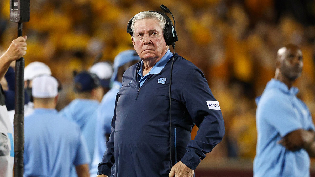 North Carolina Tar Heels head coach Mack Brown looks on during the first half against the Minnesota Golden Gophers at Huntington Bank Stadium.