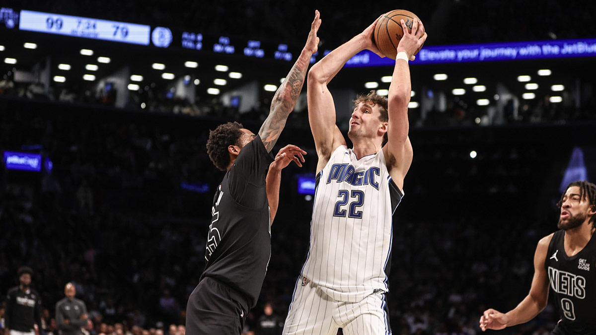 Orlando Magic forward Franz Wagner (22) shoots over Brooklyn Nets guard Keon Johnson (45) in the fourth quarter at Barclays Center.