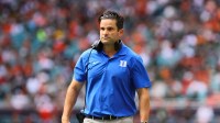 Duke Blue Devils head coach Manny Diaz watches from the sideline against the Miami Hurricanes during the second quarter at Hard Rock Stadium.