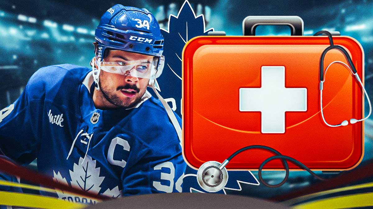 Image: Auston Matthews looking stern, first aid kit, Toronto Maple Leafs logo, hockey rink in background