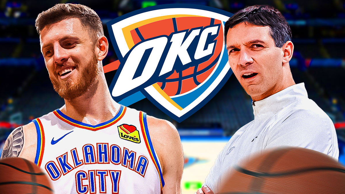 Thunder head coach Mark Daigneault next to Thunder center Isaiah Hartenstein, the Thunder logo and the Thunder court from the Paycom Center in the background