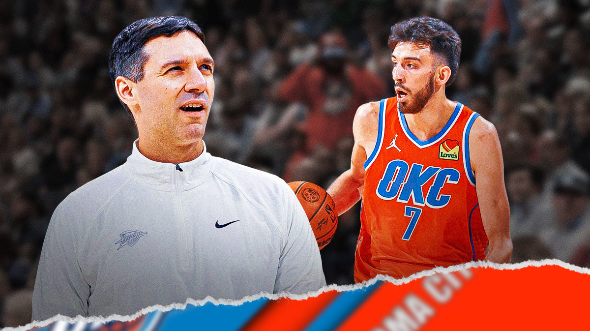 Thunder head coach Mark Daigneault next to Thunder forward Chet Holmgren & the Oklahoma City logo with the Oklahoma City skyline in the background