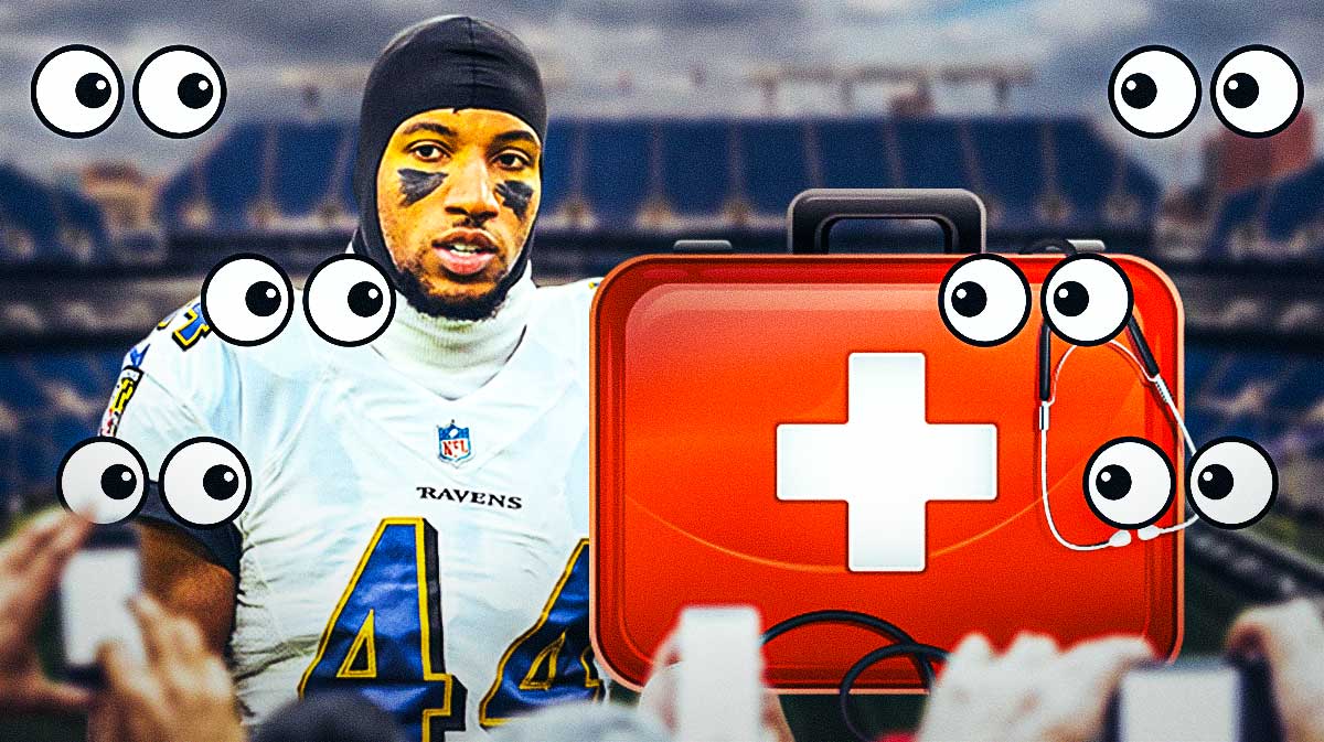 Marlon Humphrey on one side with an injury kit in front of him, a bunch of Baltimore Ravens fans on the other side with the big eyes emoji around them