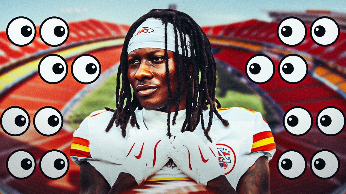 Marquise Brown in Chiefs uniform with eyes emojis surrounding.