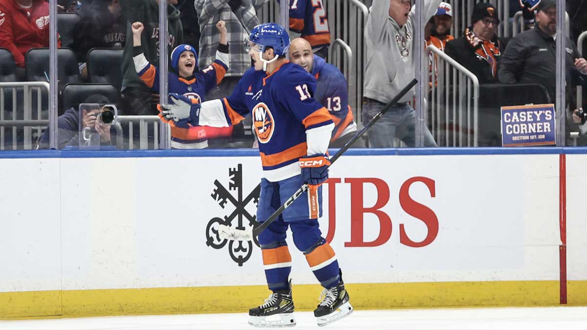 New York Islanders center Mathew Barzal (13) celebrates after scoring a goal in the third period against the Anaheim Ducks at UBS Arena.