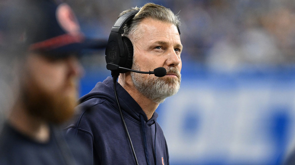 Chicago Bears head coach Matt Eberflus looks at the scoreboard during their game against the Detroit Lions in the first quarter at Ford Field.